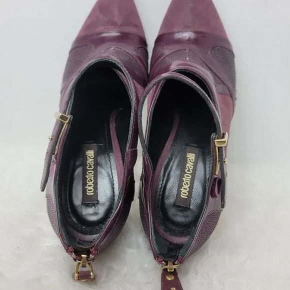 Roberto Cavalli Women's Stingray Purple Leather Bootie Heel Shoes Size 6.5 - Picture 8 of 11